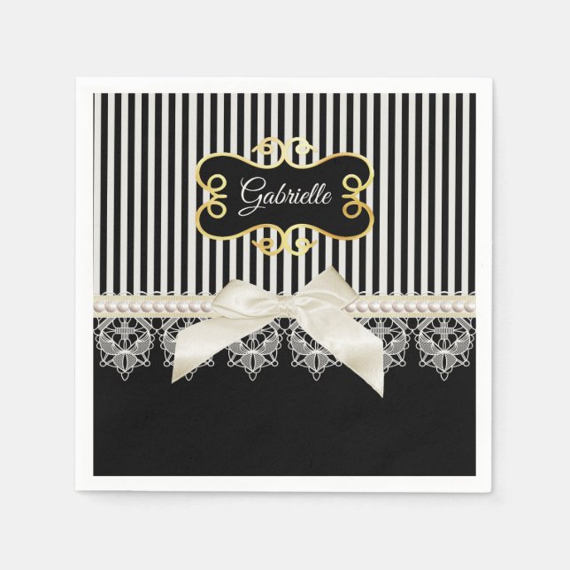 Serviette En Papier Perles et dentelle Black Stripes Crème Bow Gold No (Devant)