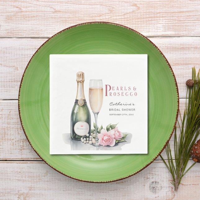 Serviette En Papier Perles et prosecco : élégante douche de mariée flo (Flat lay pearls and prosecco bridal shower rustic glam chic watercolor floral bridal brunch napkin)