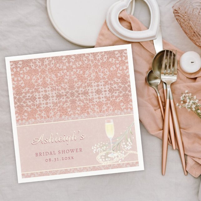 Serviette En Papier Perles & Prosecco Rose Gold & Blush Enterrement de (Créateur téléchargé)