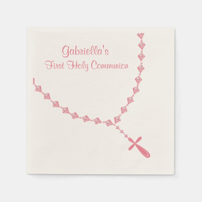 Serviette En Papier Perles rosaire rose Communion Napkin personnalisé (Devant)
