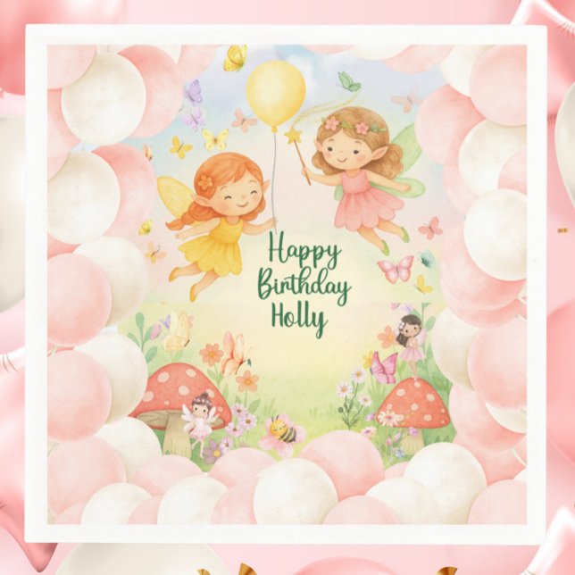 Serviette En Papier Personalized Cute Fairy Birthday Paper Napkin  (Personalized Fairy Birthday Paper Napkin | Cute Magical Fairies Party Tableware)