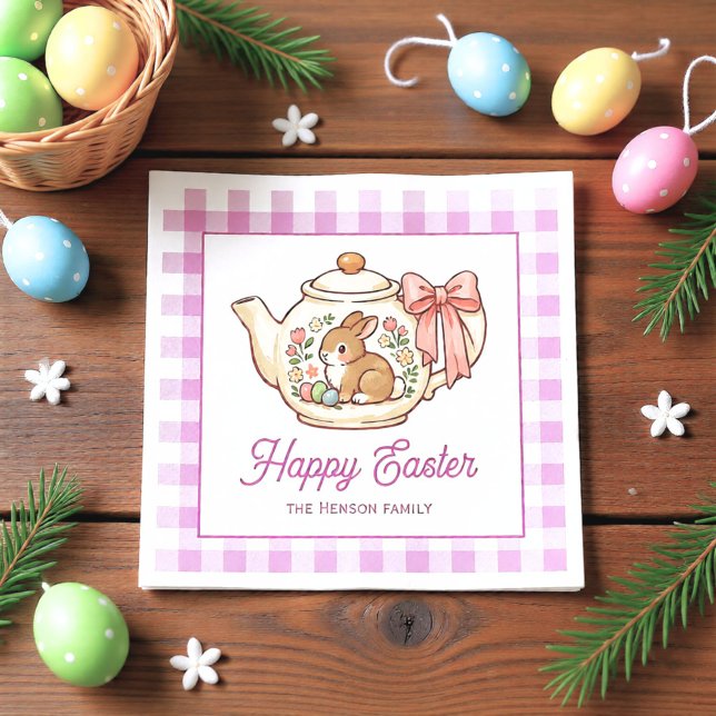 Serviette En Papier Personalized Easter Bunny Teapot Gingham Family (Créateur téléchargé)