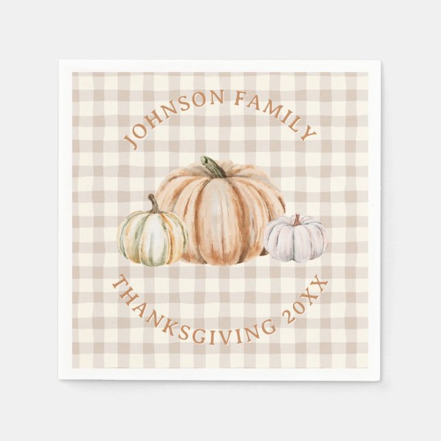 Serviette En Papier Personalized Family Name Thankful Neutral Gingham (Devant)