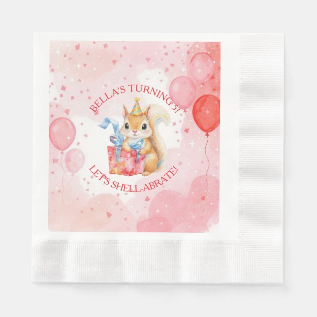 Serviette En Papier Personalized Girl's Birthday Squirrel Pink and Red (Devant)