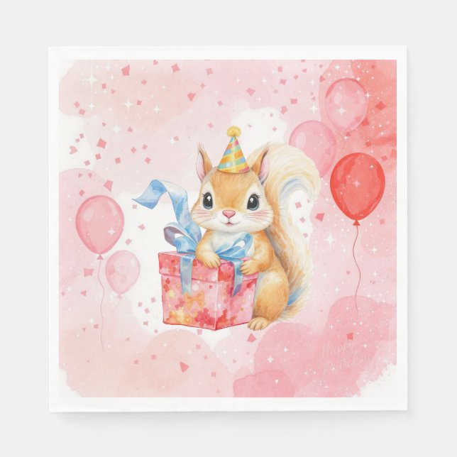 Serviette En Papier Personalized Girl's Birthday Squirrel Pink and Red (Devant)