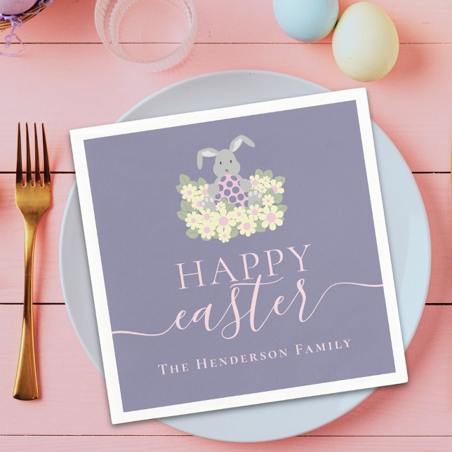 Serviette En Papier Personalized Happy Easter Cute Bunny Floral Purple (Personalized happy easter bunny floral purple pink napkins)