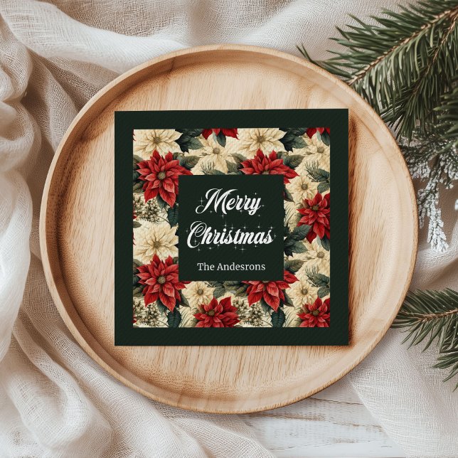 Serviette En Papier Personalized Holiday Napkins Red Poinsettia Print (Vintage Poinsettia Napkins Classic Red Green Style)