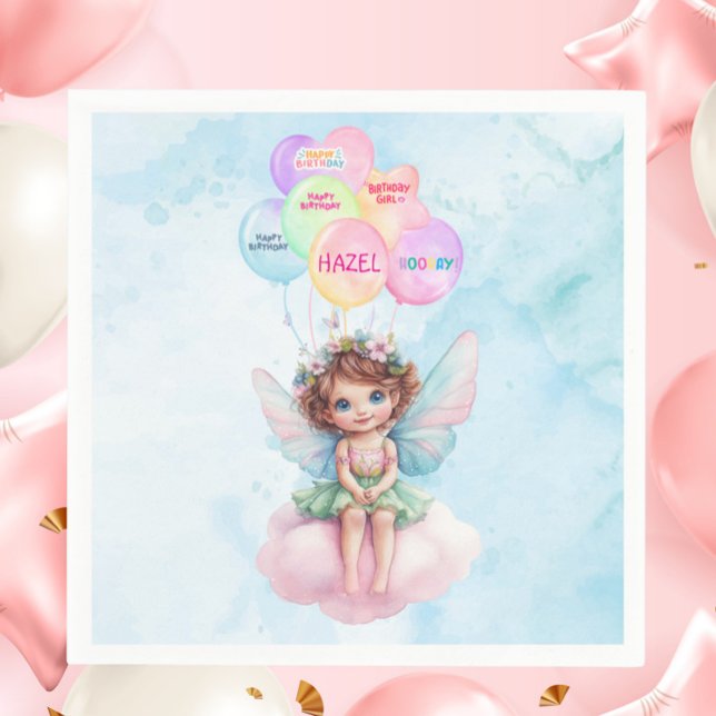 Serviette En Papier Personalized Pink Fairy on Cloud Birthday Napkin  (Personalized Fairy on a Cloud Birthday Napkin – Pink & Blue Watercolor Party Decor with Balloons

)