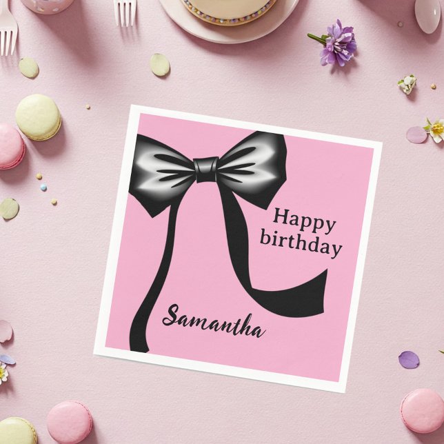 Serviette En Papier Personalized Pink Paper Napkins with Black Bow (Créateur téléchargé)
