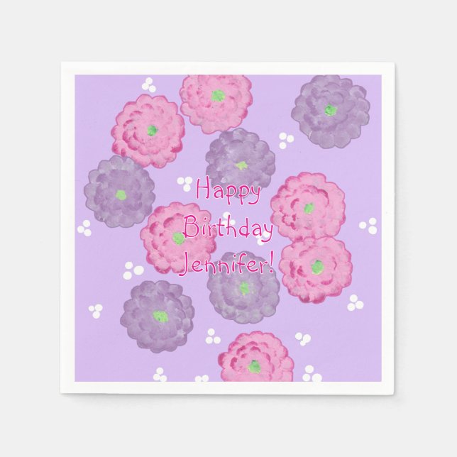 Serviette En Papier Personalized Pink Purple Floral Birthday Napkins (Devant)