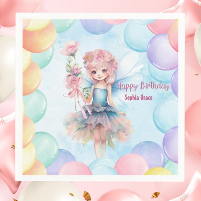 Serviette En Papier Personalized Pretty Blue Fairy Birthday Napkins  (Personalized Blue Fairy Birthday Napkins – Custom Name Party Decor with Balloons)