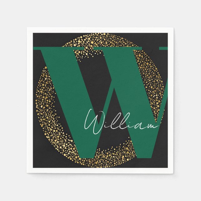 Serviette En Papier personnalisation Monogramme nom or noir vert éléga (Devant)