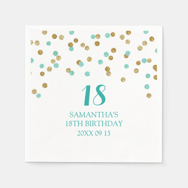 Serviette En Papier Personnalisé 18e anniversaire Napkin Gold Tuquoise (Devant)