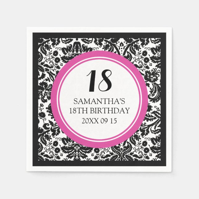 Serviette En Papier Personnalisé 18e anniversaire Napkin rose noir Dam (Devant)