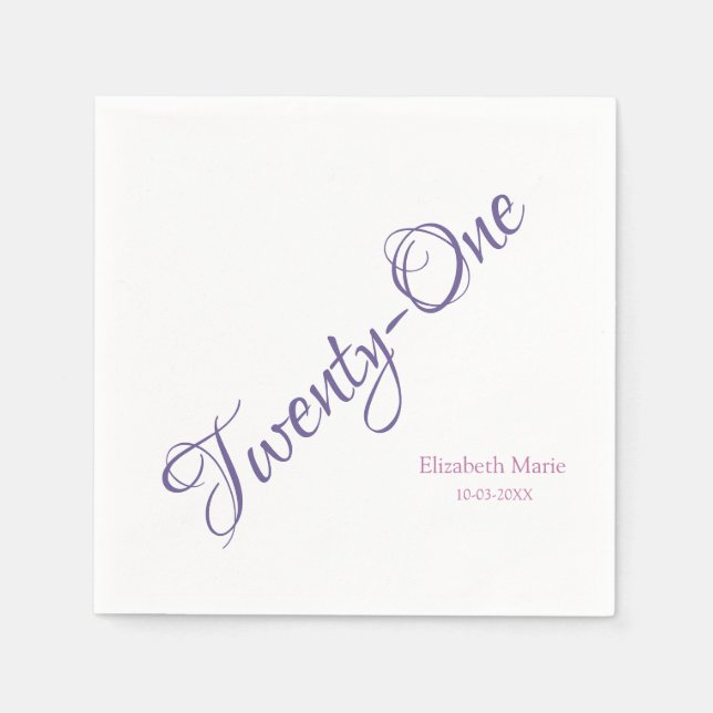 Serviette En Papier Personnalisé 21ème anniversaire Fête Fille Purple  (Devant)