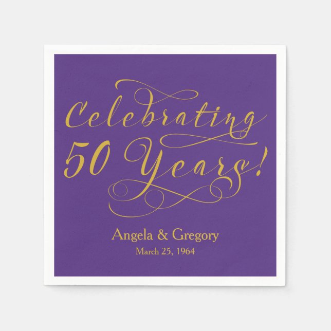 Serviette En Papier Personnalisé 50e anniversaire Mariage or violet (Devant)