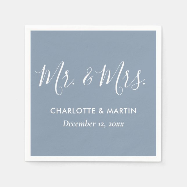 Serviette En Papier Personnalisé Dusty Blue M. et Mme Mariage (Devant)