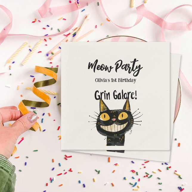 Serviette En Papier Personnalisé Funny Black Kitty fête d'anniversaire (Personalized Funny Black Kitty Birthday Party Napkins)