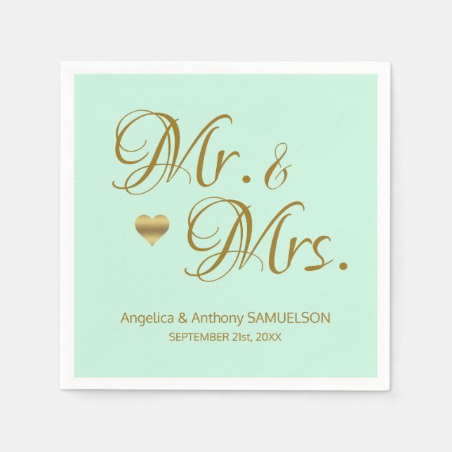 Serviette En Papier Personnalisé M. & Mme Mint Green Gold Mariage (Devant)