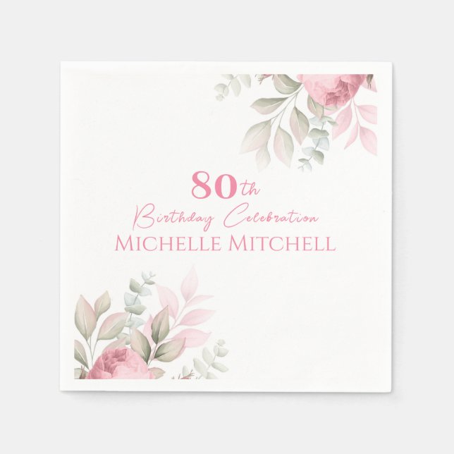 Serviette En Papier Personnalisé moderne 80e anniversaire rose floral (Devant)