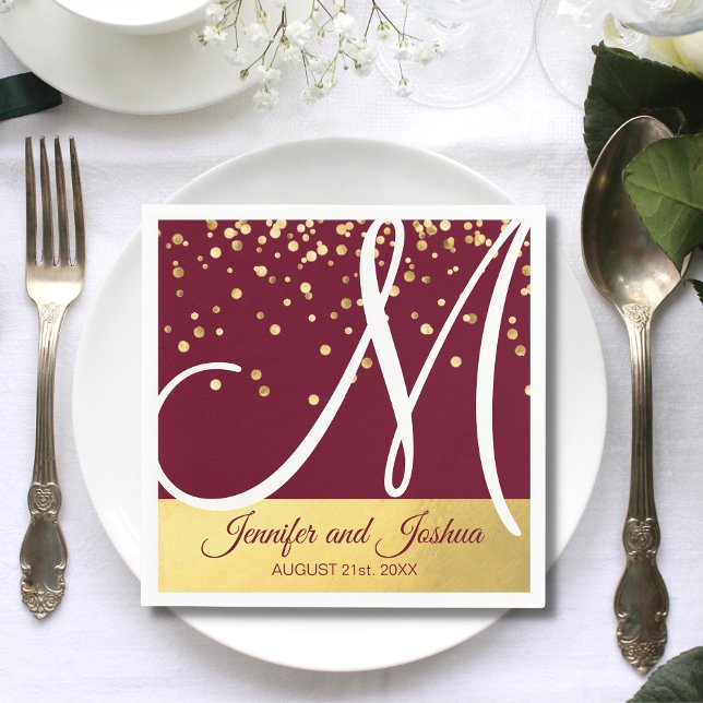 Serviette En Papier Personnalisé Monogramme BURGUNDY Gold Mariage (Personalized Monogrammed BURGUNDY Gold Wedding Napkin)
