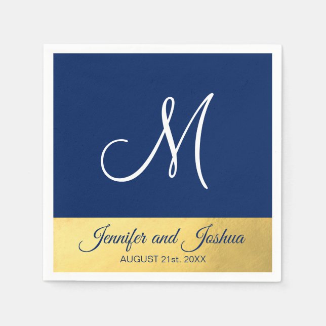 Serviette En Papier Personnalisé Monogramme Marine Mariage bleu or (Devant)