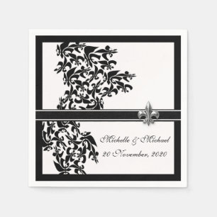 Serviette En Papier Personnalisé Noir Blanc Fleur de Lis Style Damassé