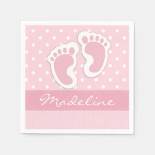 Serviette En Papier Personnalisé Pink Baby Feet Blanc À petits pois 