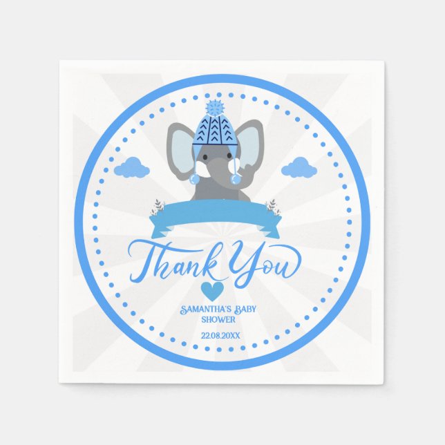 Serviette En Papier Personnalisé Rustic Blue Elephant Baby shower garç (Devant)