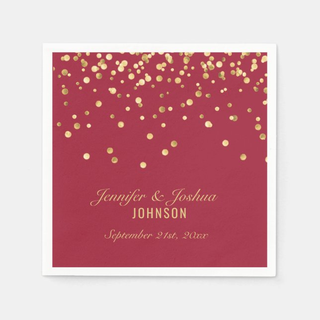Serviette En Papier Personnalisé Vivid BURGUNDY Gold Confetti Mariage (Devant)