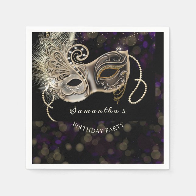 Serviette En Papier Personnalisée Black Gold Purple Masquerade Party (Devant)