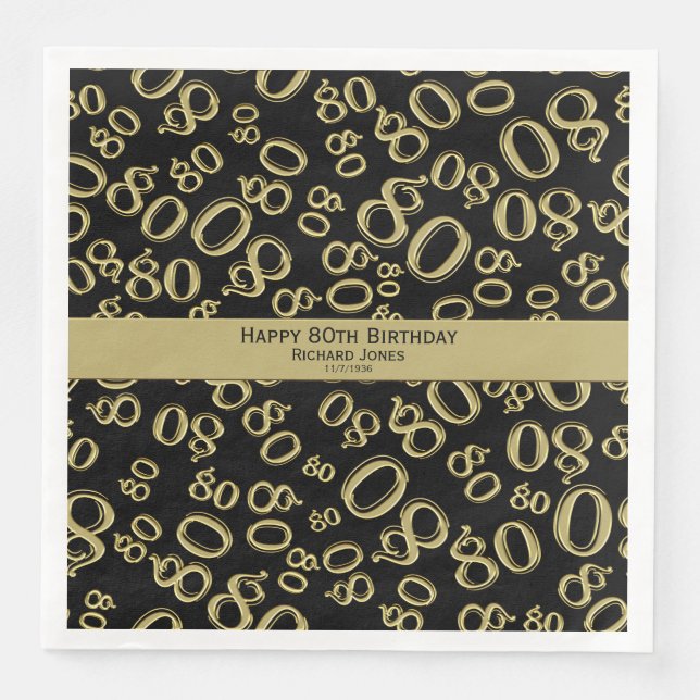 Serviette En Papier Personnaliser : 80e fête d'anniversaire Noir et Or (Devant)