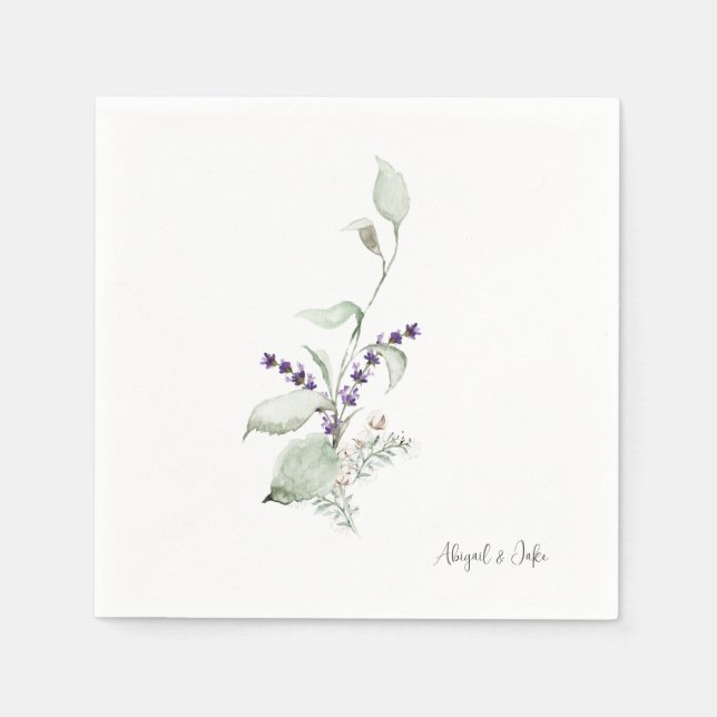 Serviette En Papier Personnaliser les noms Foliing & Lavender Mariage (Devant)