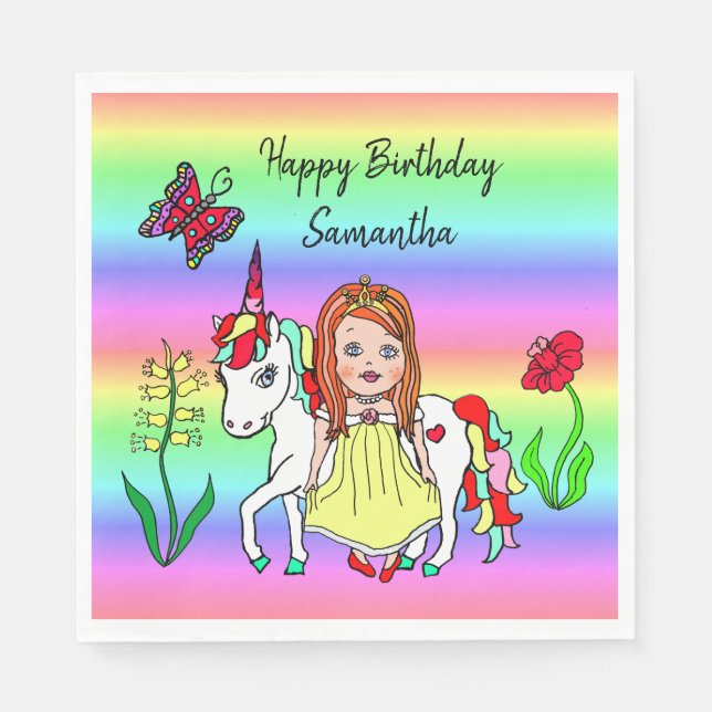 Serviette En Papier Personnaliser Princess et Unicorn Rainbow Birthday (Devant)