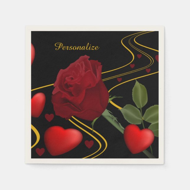 Serviette En Papier Personnaliser Romantique Red Hearts Rose Gold Ruba (Devant)