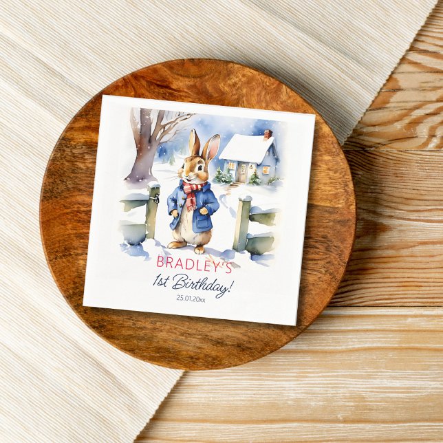 Serviette En Papier Peter lapin hiver fête d'anniversaire vaisselle (Peter Rabbit winter themed birthday party tableware personalized napkins watercolor cute bunny snowy)