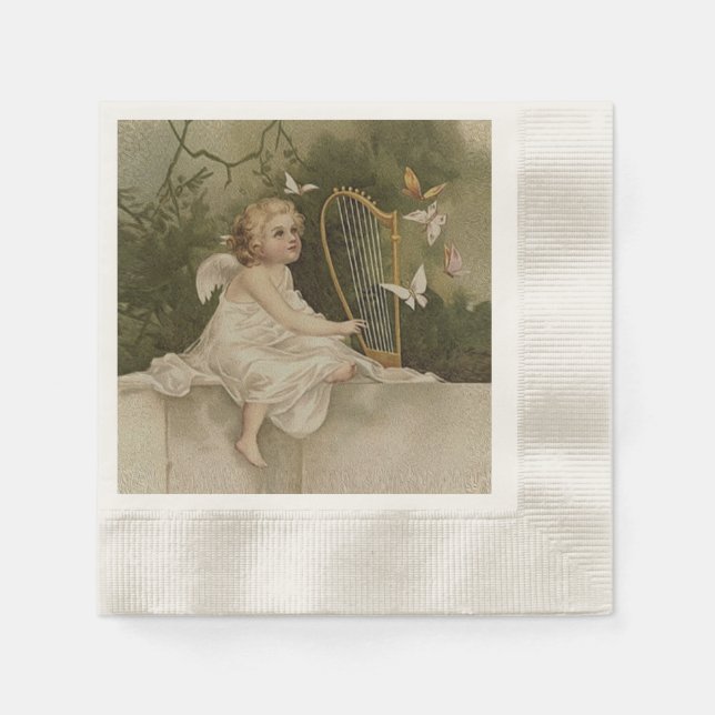 Serviette En Papier Petit ange souriant avec papillons et harpe (Devant)