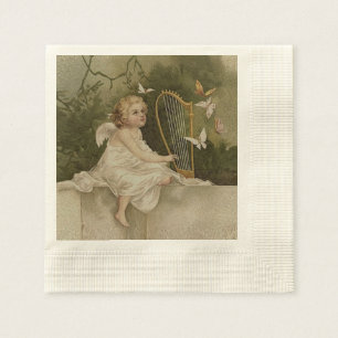 Serviette En Papier Petit ange souriant avec papillons et harpe