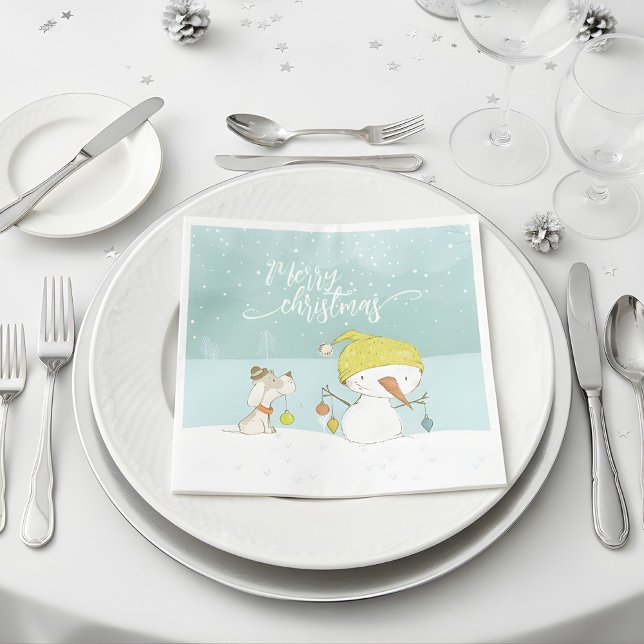 Serviette En Papier Petit bonhomme de neige et chien dans la scène hiv (little snowman napkins)