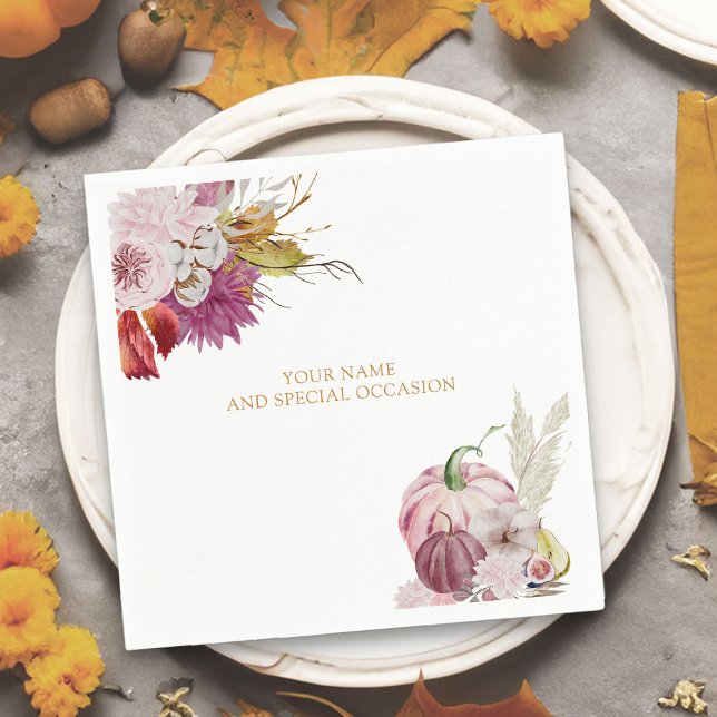 Serviette En Papier Petit Citrouille Rustique Floral Personnalisé (Personalized napkins for fall occasions  from the little pumpkin collection)