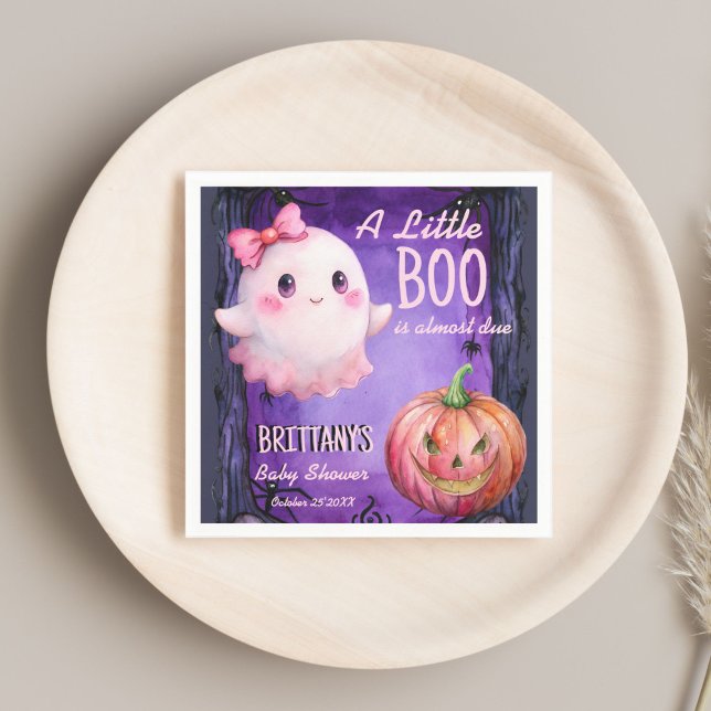 Serviette En Papier Petit garçon Halloween rose mignon baby shower fan (Little boo Halloween pink cute ghost pumpkin baby shower monogrammed customized Napkins template)