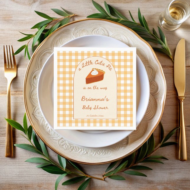 Serviette En Papier Petit gâteau de citrouille adorable douche de bébé (Little cutie pumpkin pie pastel orange yellow gingham fall baby shower personalized napkins)