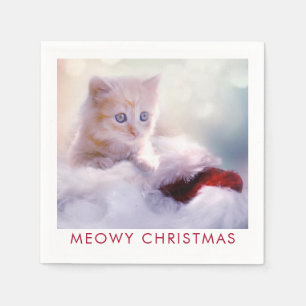 Serviette En Papier Petit Kitten reposant sur un chapeau de Noël Meowy
