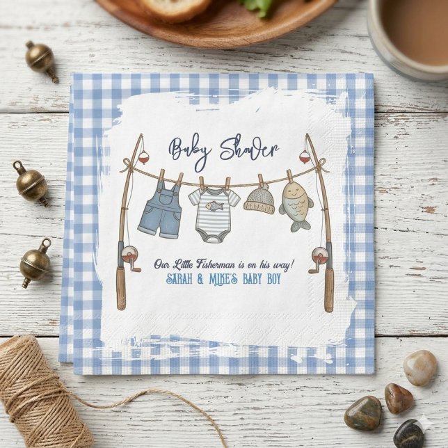 Serviette En Papier Petit pêcheur bleu gingham garçon pêcheur (Créateur téléchargé)
