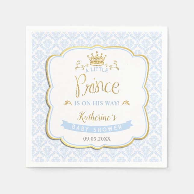 Serviette En Papier Petit Prince Blue Damask Gold Crown Baby shower (Devant)
