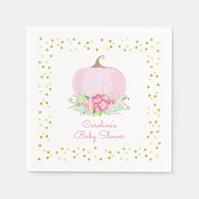 Serviette En Papier Petite Baby shower Citrouille Aquarelle rose Or (Devant)