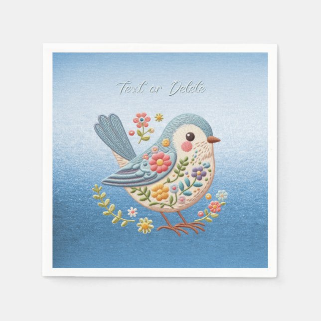 Serviette En Papier Petite Broderie Florale d'oiseaux serviettes bleue (Devant)