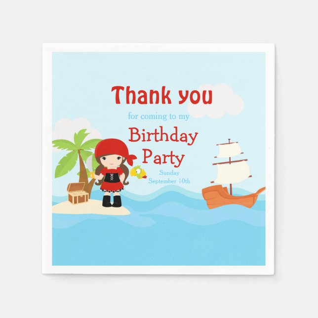 Serviette En Papier Petite Brunette Pirate Girl en rouge Anniversaire (Devant)