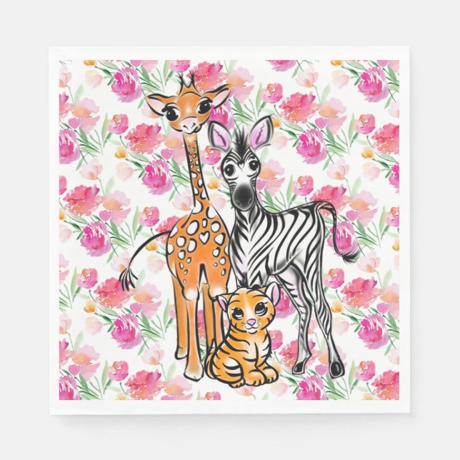 Serviette En Papier Petite fille amis Safari, girafe, zèbre, tigre (Devant)