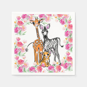 Serviette En Papier Petite fille amis Safari, girafe, zèbre, tigre